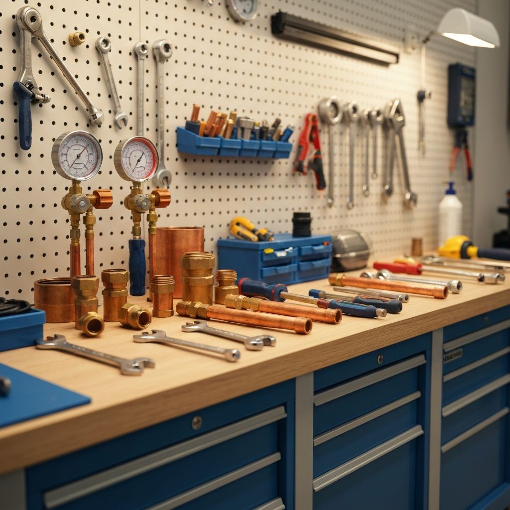 Air conditioning tools and equipment laid out on a workshop bench